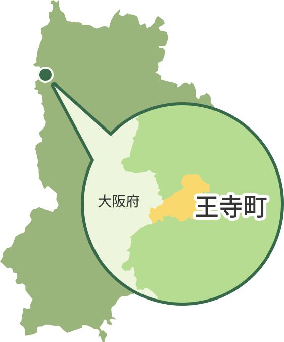 奈良県王寺町の位置を示す地図。奈良県全体の地図上に位置がプロットされ、拡大図では北に平群町、南に上牧町があり、西側で大阪府と隣接していることが示されている。